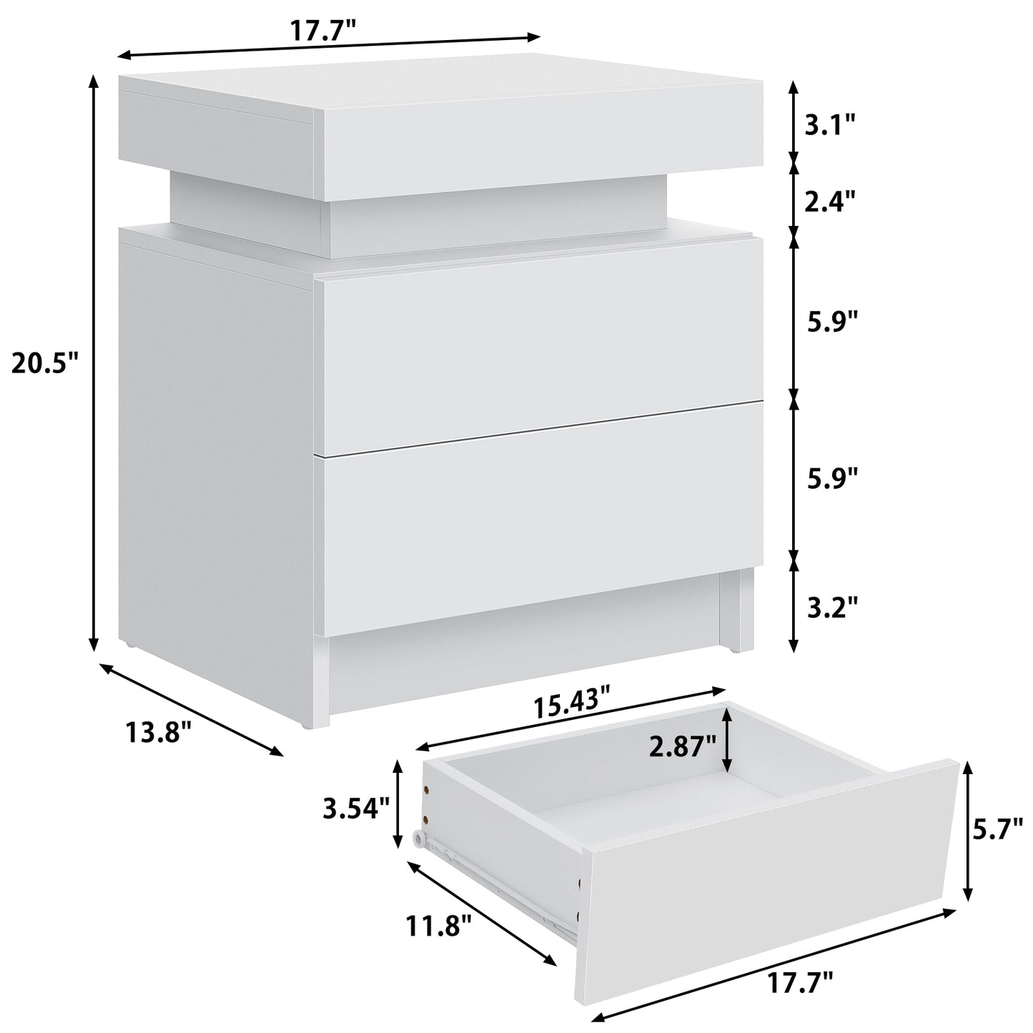 High Gloss Nightstand with RGB LED Lights and 2 Drawers - Modern Bedside Table