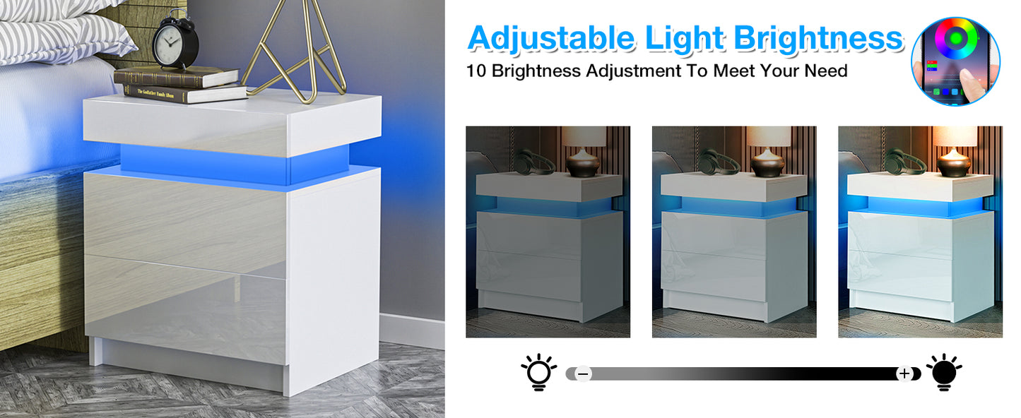 High Gloss Nightstand with RGB LED Lights and 2 Drawers - Modern Bedside Table