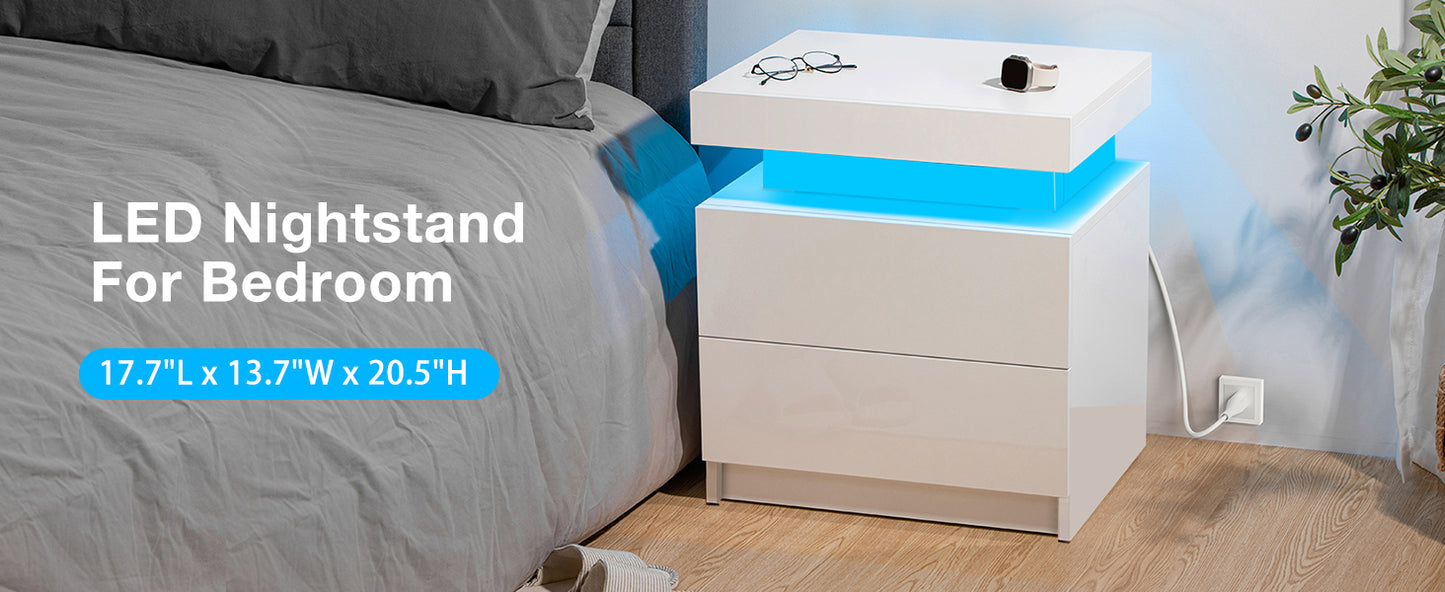 High Gloss Nightstand with RGB LED Lights and 2 Drawers - Modern Bedside Table