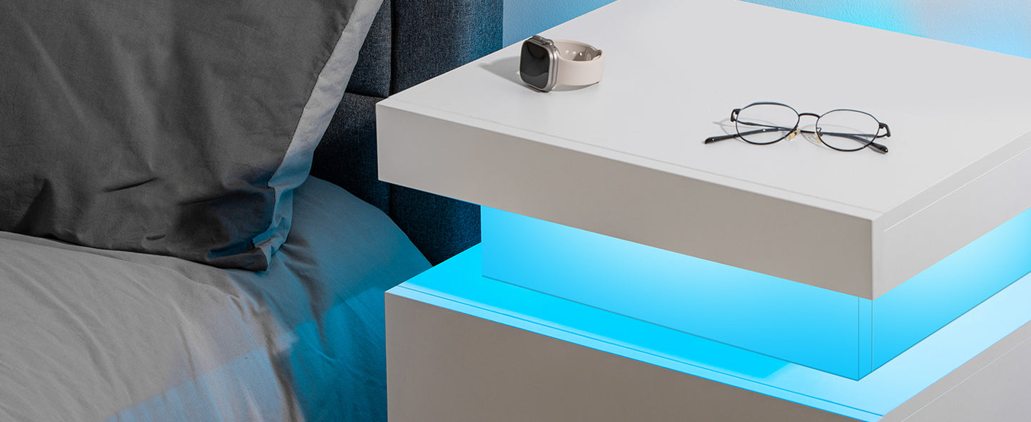 High Gloss Nightstand with RGB LED Lights and 2 Drawers - Modern Bedside Table