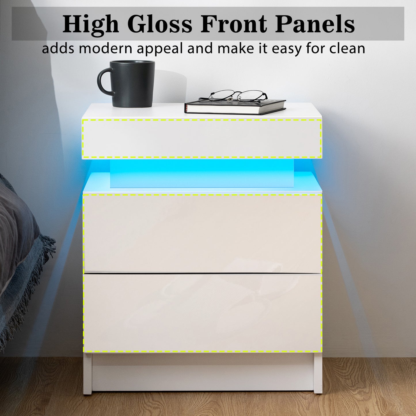 High Gloss Nightstand with RGB LED Lights and 2 Drawers - Modern Bedside Table