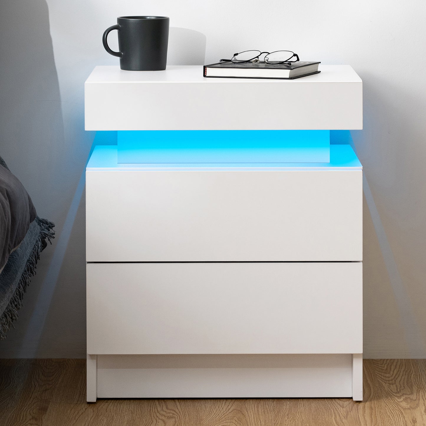 High Gloss Nightstand with RGB LED Lights and 2 Drawers - Modern Bedside Table