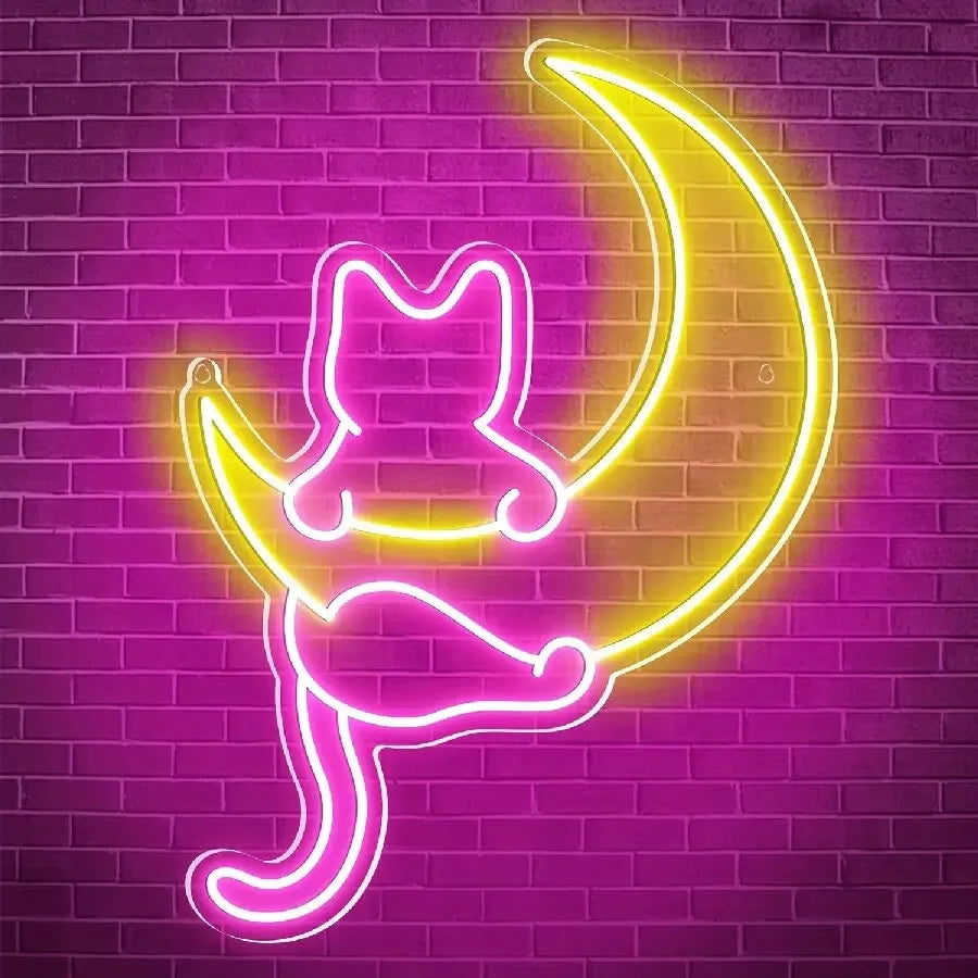 Anime Cat & Moon Neon Sign - Whimsical LED Wall Light