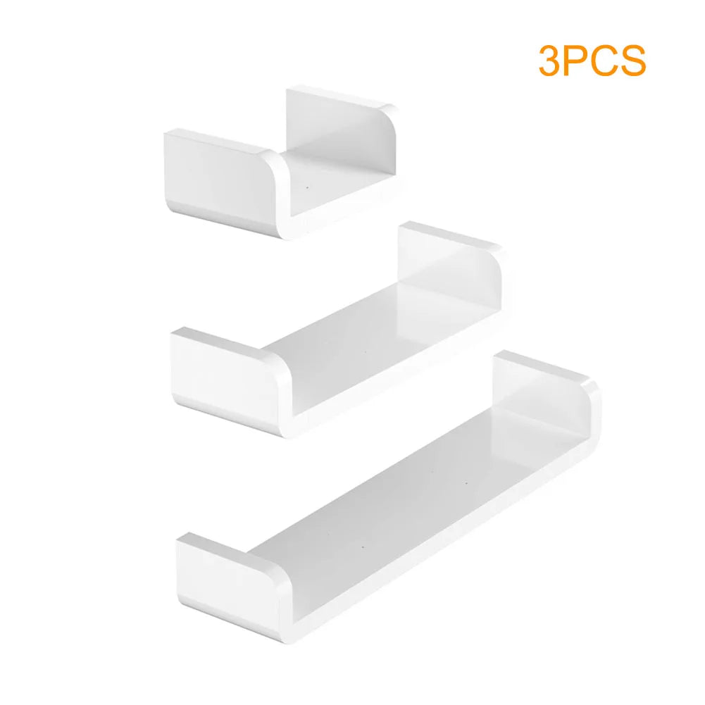 Non-Drilling Wall Mounted Storage Shelves Set of 3 - Adhesive Floating Shelves for Bathroom, Living Room, and Kitchen