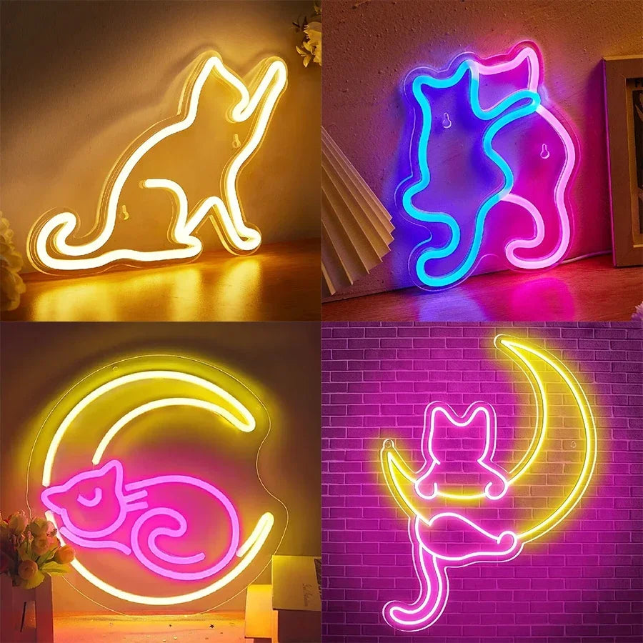 Anime Cat & Moon Neon Sign - Whimsical LED Wall Light