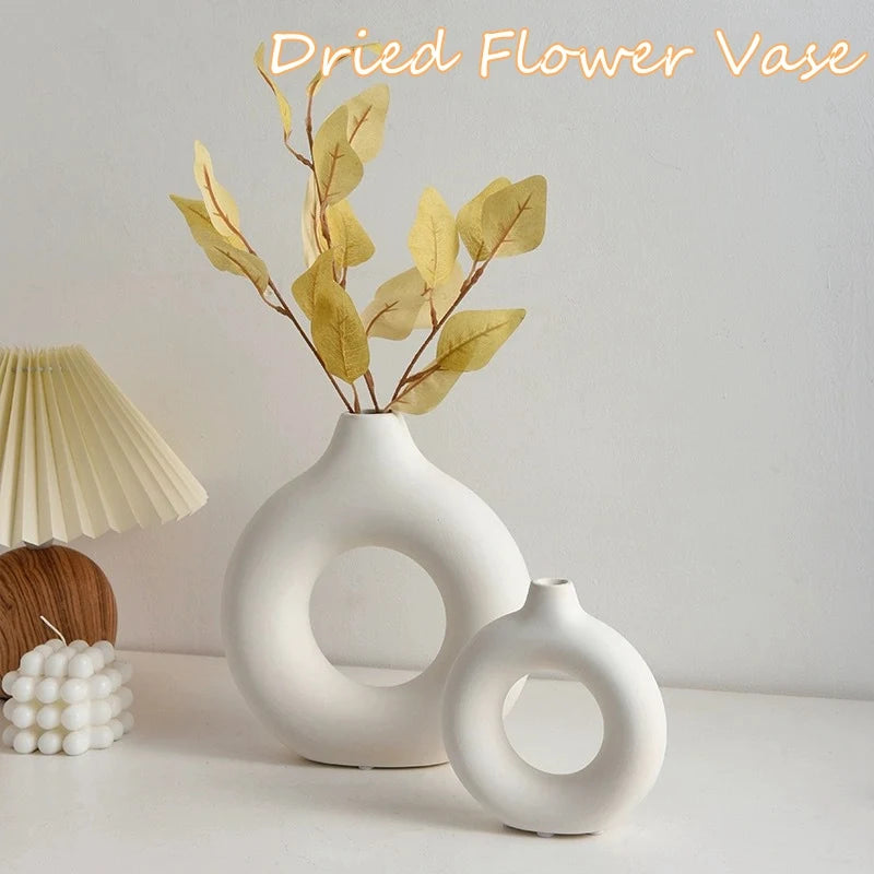 Imitation Ceramic Donut Vase - Modern White Hollow Design for Single Flowers