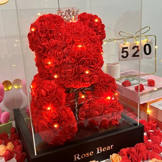 Eternal Rose Teddy Bear - Handmade Artificial Flower Gift