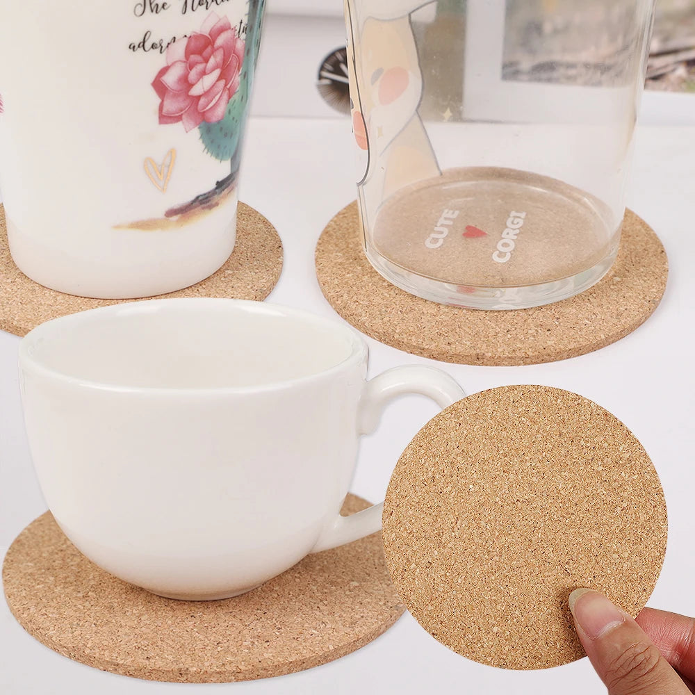 Natural Round Wooden Cup Mat Set - Durable Non-Slip Cork Coasters (10-Piece)