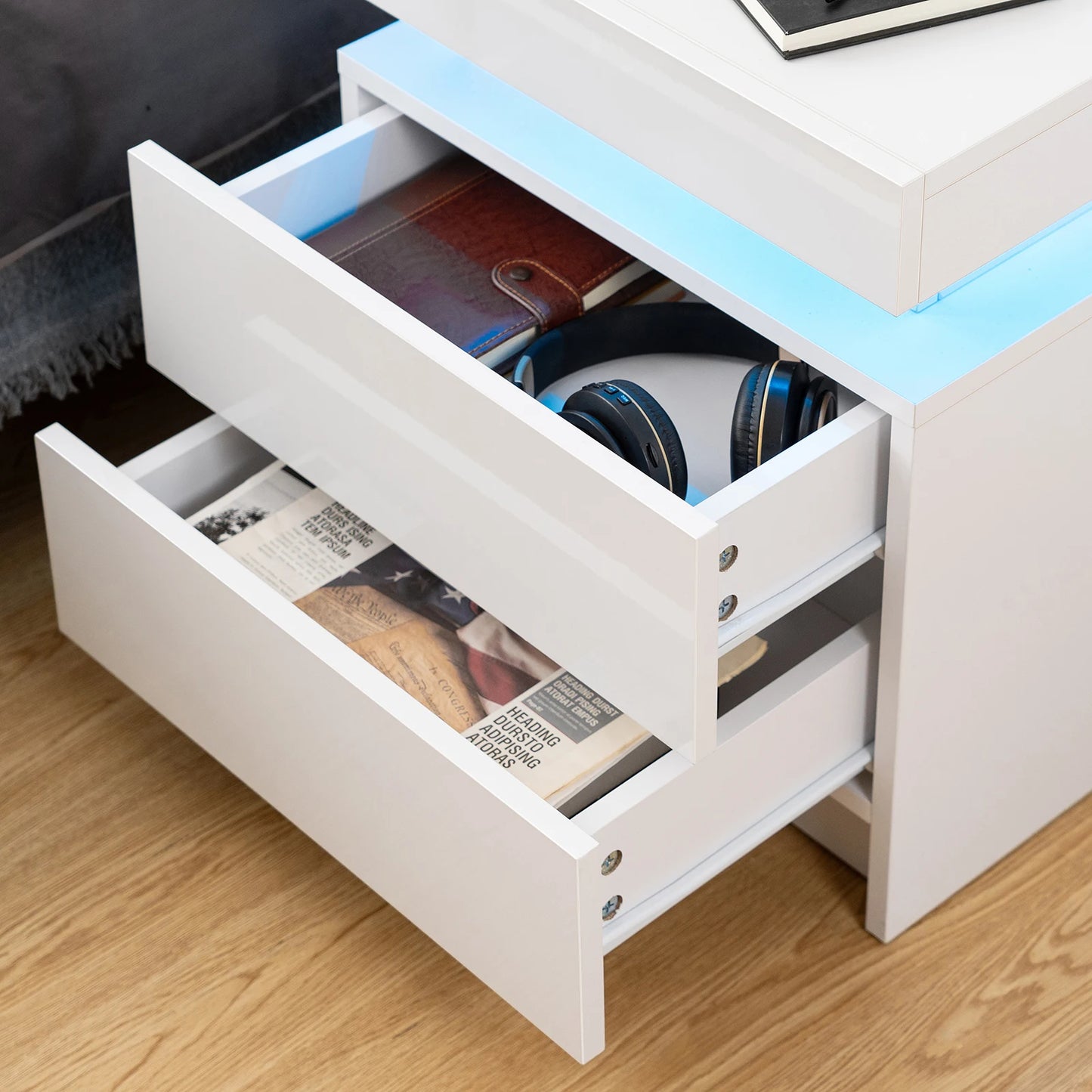 High Gloss Nightstand with RGB LED Lights and 2 Drawers - Modern Bedside Table