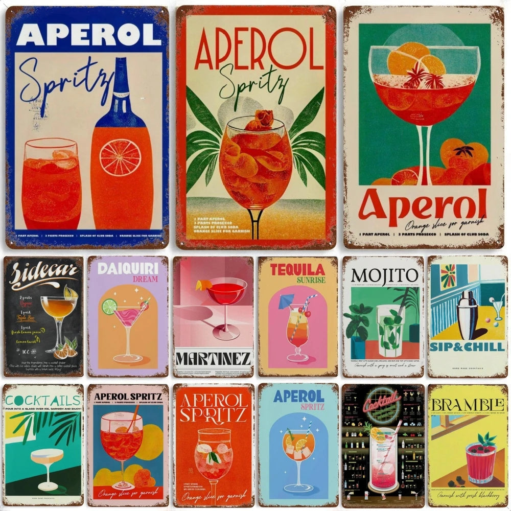 Vintage Cocktail & Fruit Juice Metal Tin Signs – Retro Bar Decor