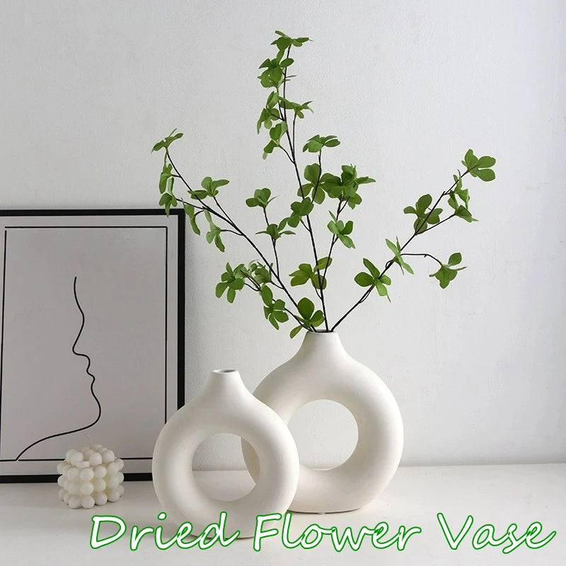 Imitation Ceramic Donut Vase - Modern White Hollow Design for Single Flowers