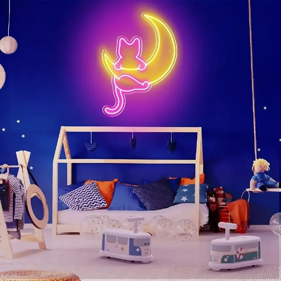 Anime Cat & Moon Neon Sign - Whimsical LED Wall Light