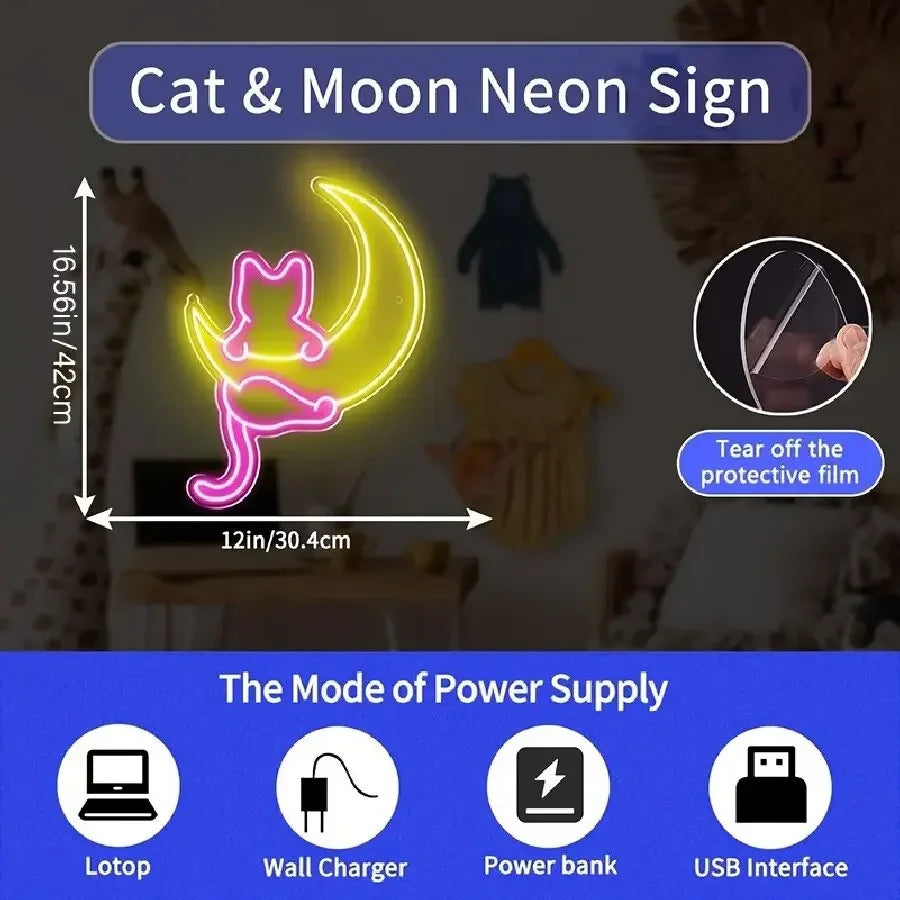 Anime Cat & Moon Neon Sign - Whimsical LED Wall Light