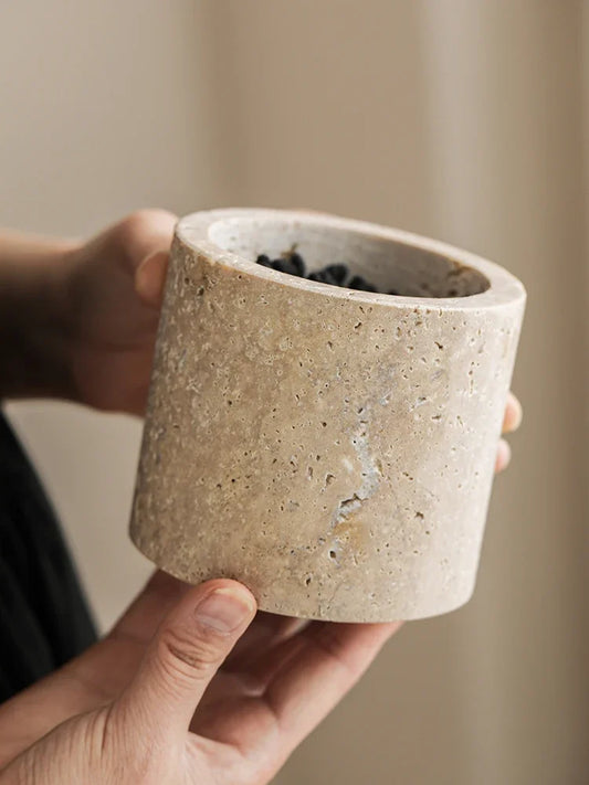 Vintage Travertine Organizer – Elegant Stone Storage Jar