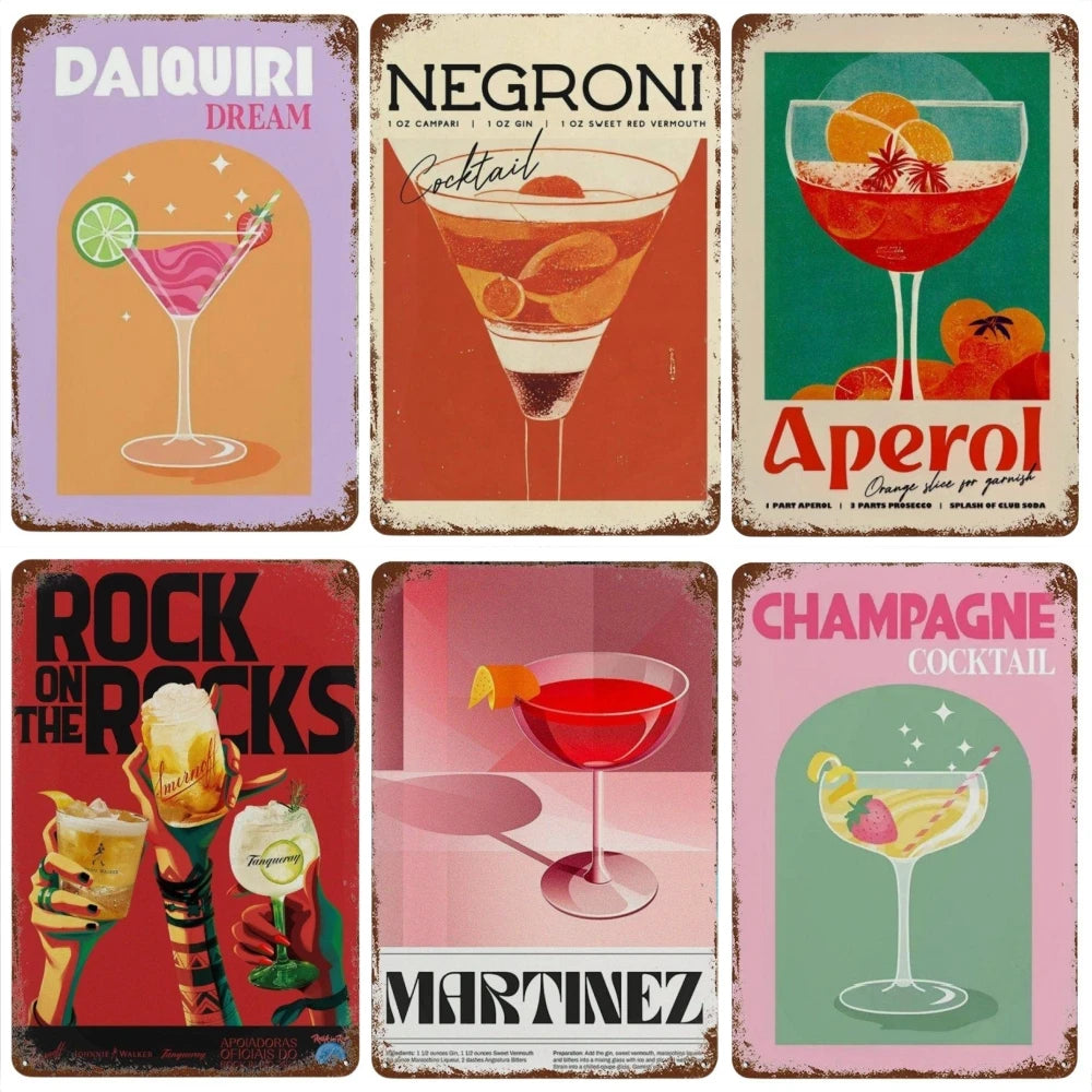 Vintage Cocktail & Fruit Juice Metal Tin Signs – Retro Bar Decor