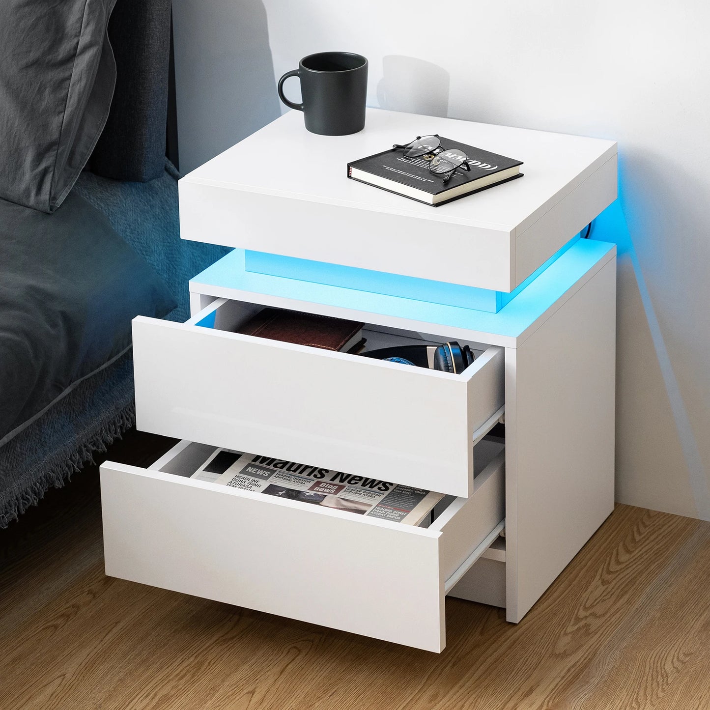 High Gloss Nightstand with RGB LED Lights and 2 Drawers - Modern Bedside Table