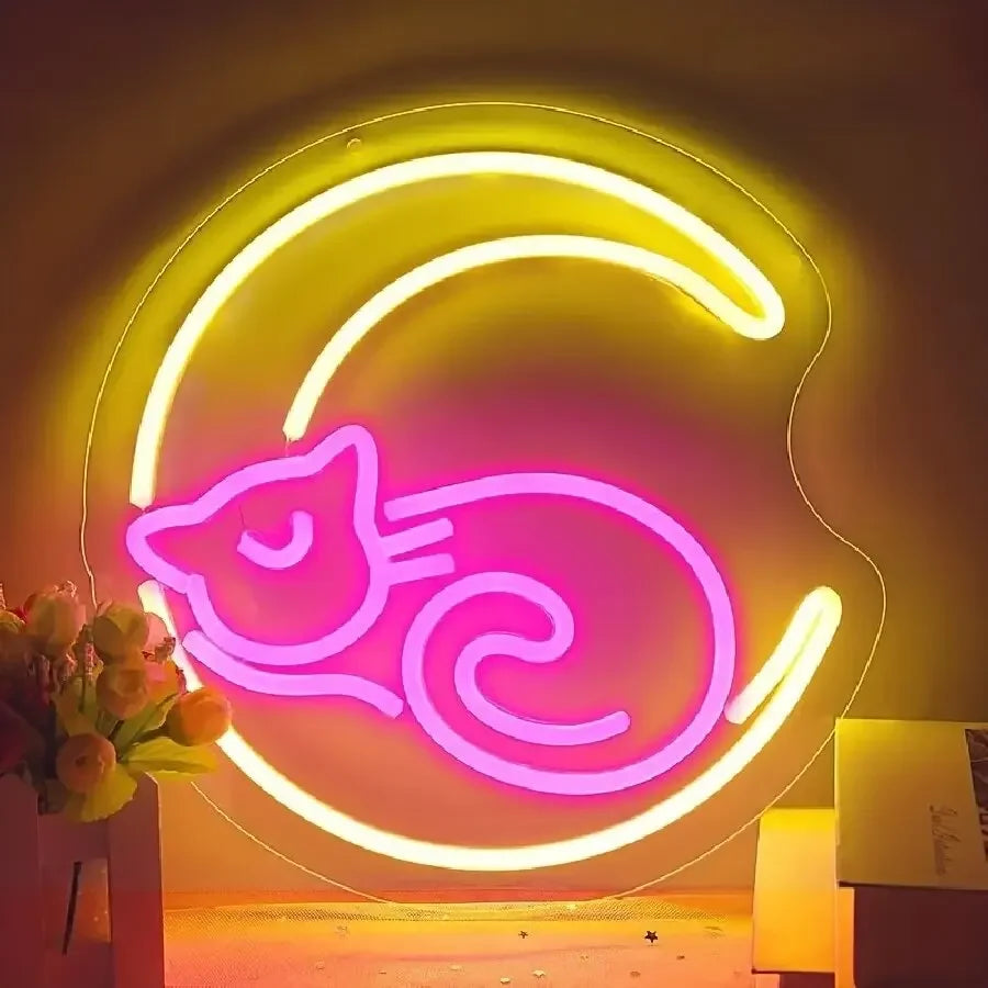 Anime Cat & Moon Neon Sign - Whimsical LED Wall Light