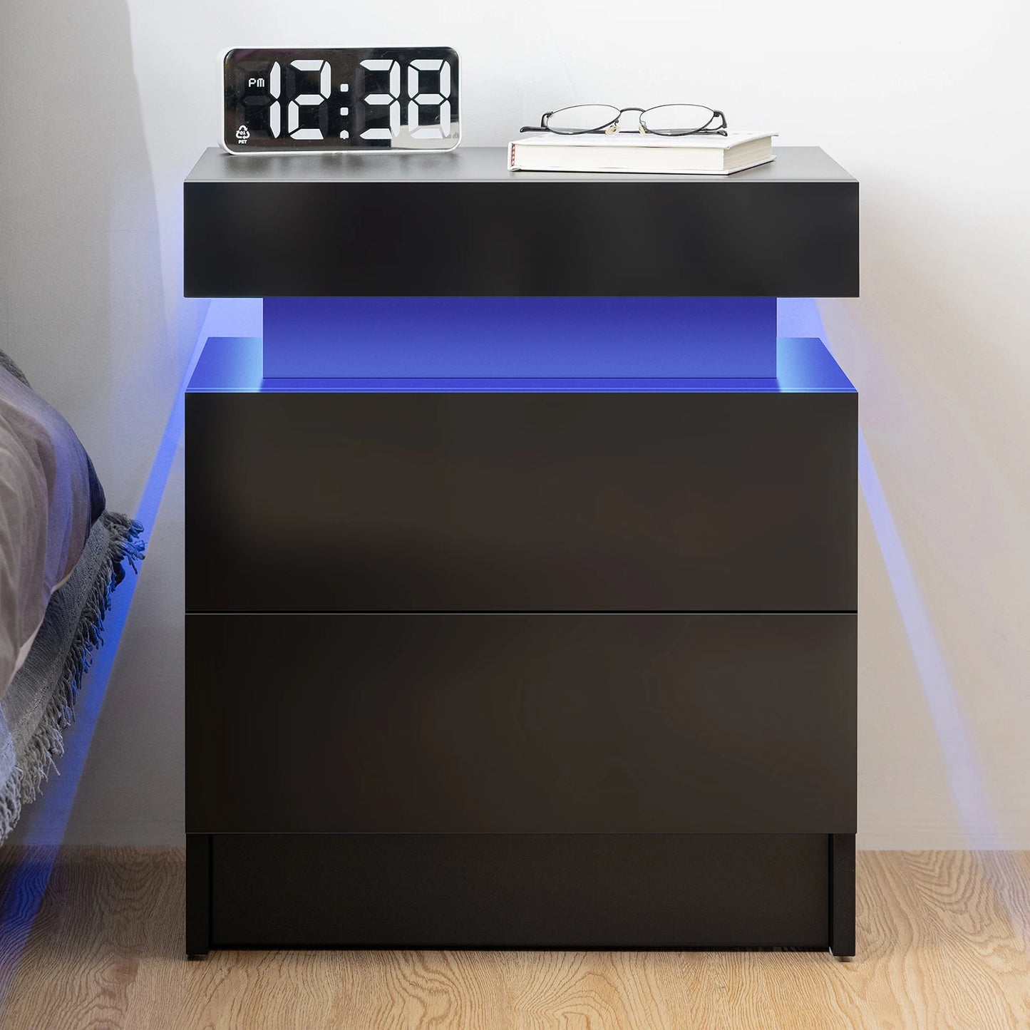 High Gloss Nightstand with RGB LED Lights and 2 Drawers - Modern Bedside Table