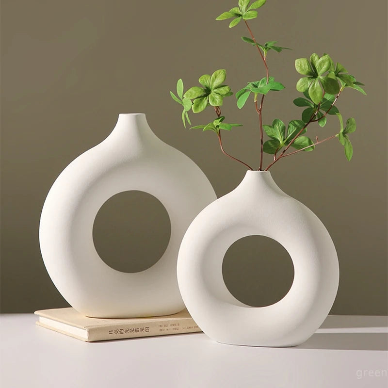 Imitation Ceramic Donut Vase - Modern White Hollow Design for Single Flowers