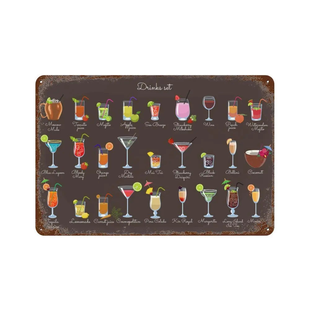 Vintage Cocktail & Fruit Juice Metal Tin Signs – Retro Bar Decor