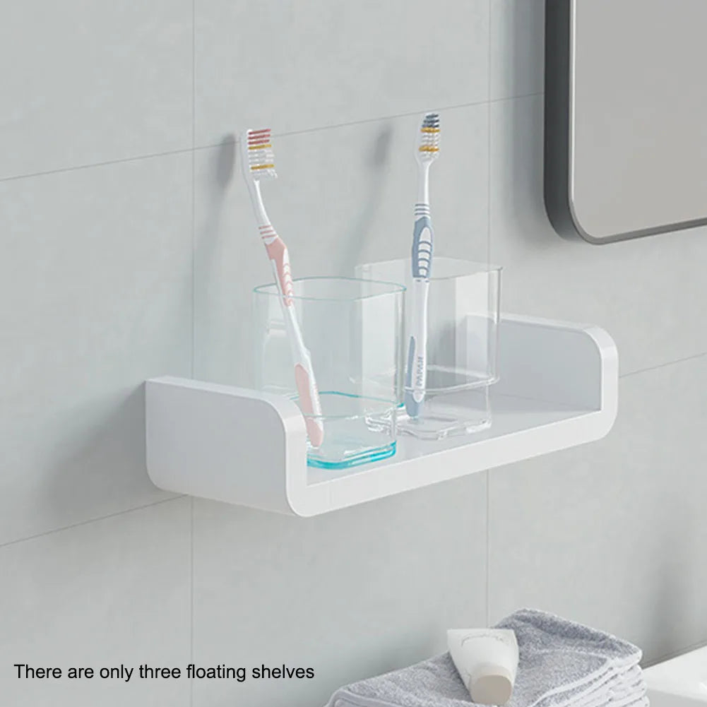 Non-Drilling Wall Mounted Storage Shelves Set of 3 - Adhesive Floating Shelves for Bathroom, Living Room, and Kitchen