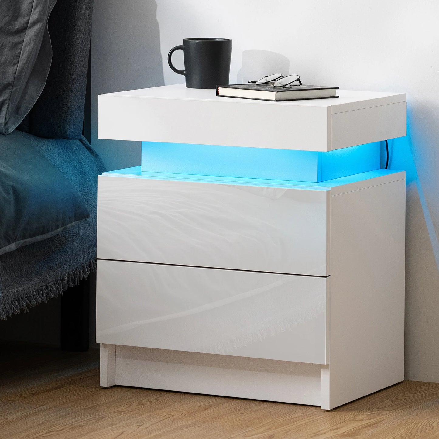 High Gloss Nightstand with RGB LED Lights and 2 Drawers - Modern Bedside Table