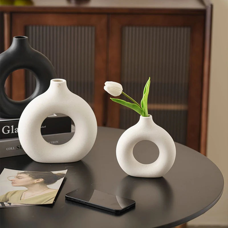 Imitation Ceramic Donut Vase - Modern White Hollow Design for Single Flowers