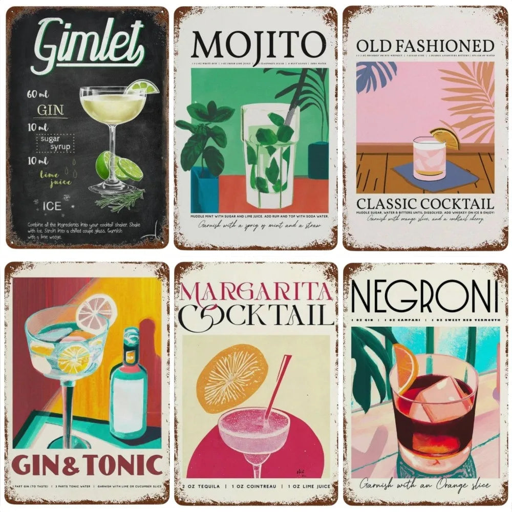 Vintage Cocktail & Fruit Juice Metal Tin Signs – Retro Bar Decor