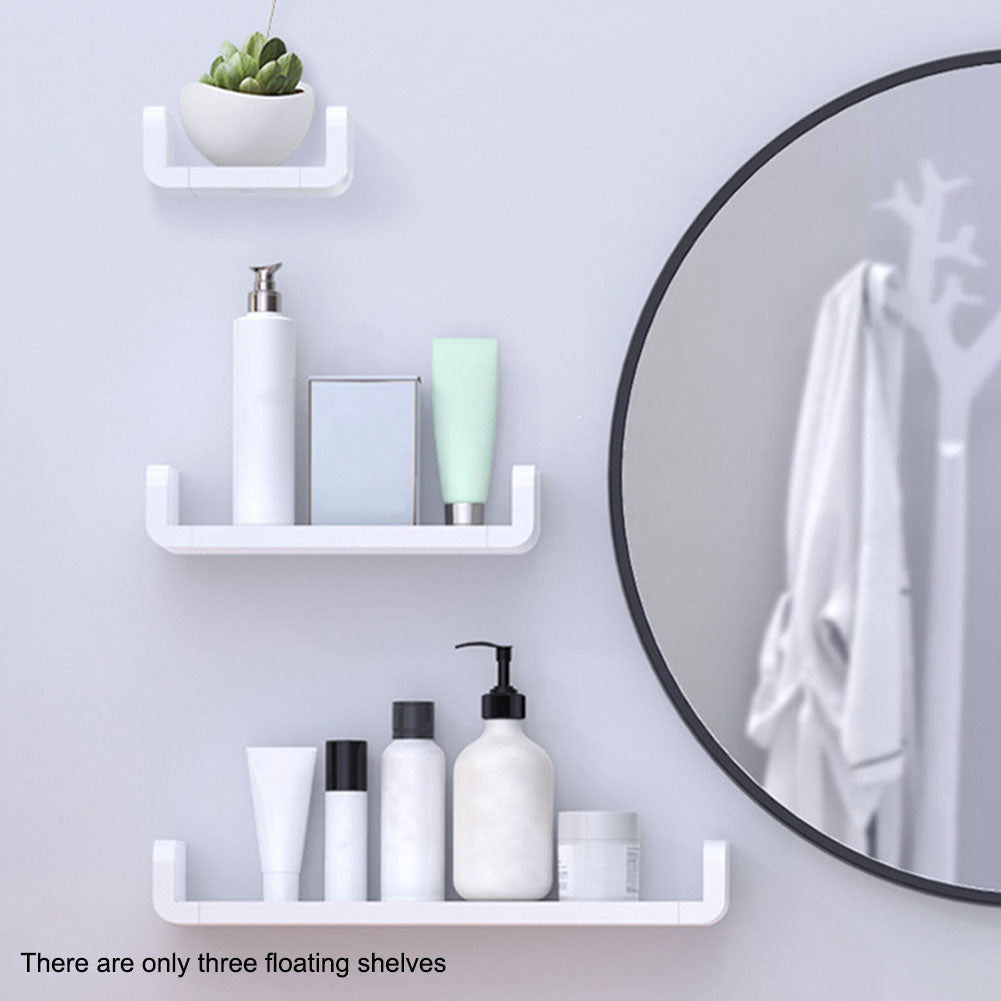 Non-Drilling Wall Mounted Storage Shelves Set of 3 - Adhesive Floating Shelves for Bathroom, Living Room, and Kitchen