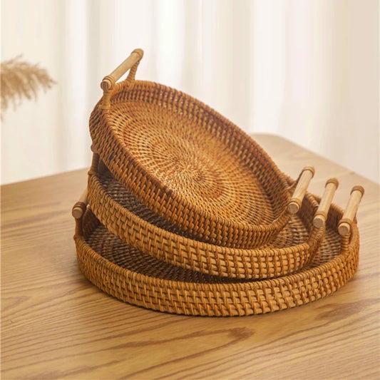 Handwoven Rattan Storage Basket with Handles - Eco-Friendly Organizer